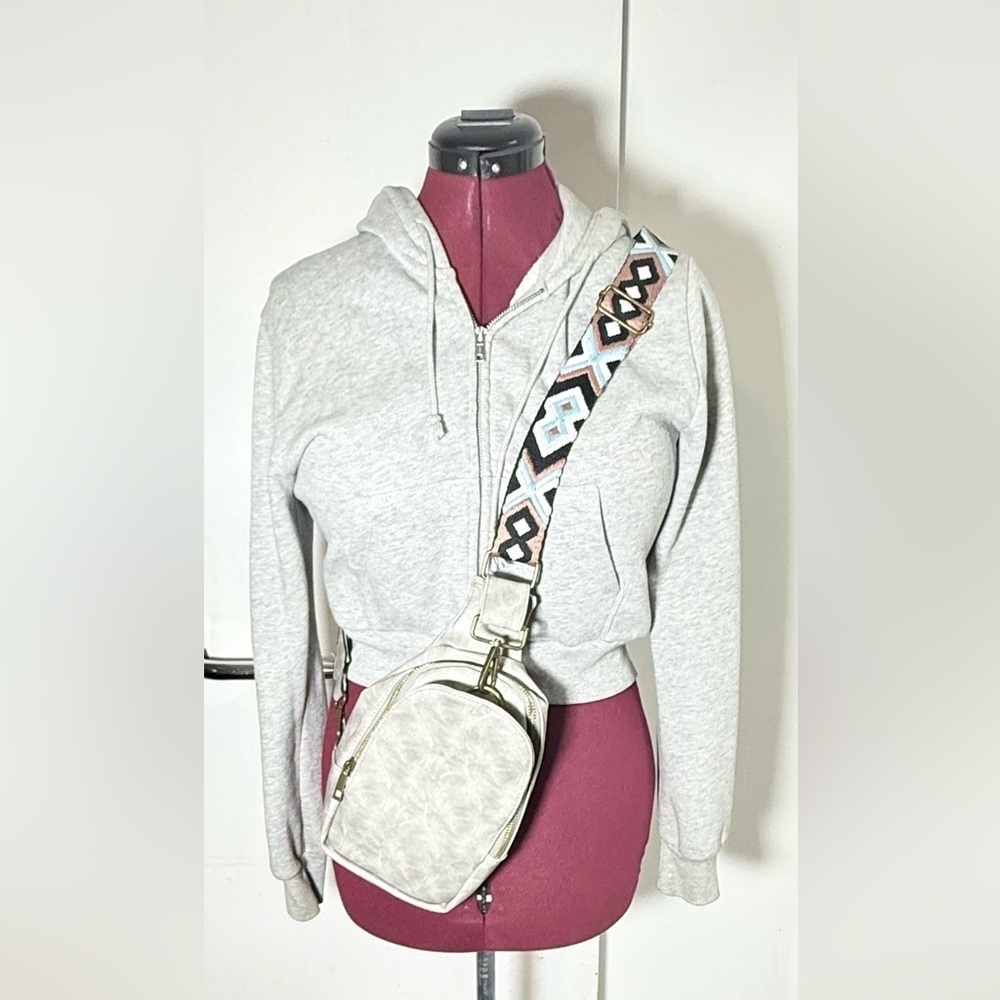 Gray Crossbody Bag with Patterned Strap - Picture 1 of 8